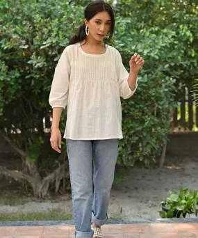 White hand embroidered cotton round neck top