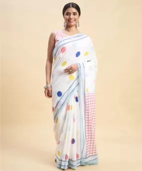 White multicolor cotton hand block sanganeri printed saree