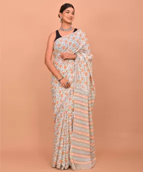 White orange cotton hand printed bagru saree