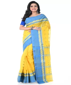 Yellow blue handwoven tangail cotton saree