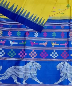 Yellow navy blue tussar silk handloom gopalpur saree